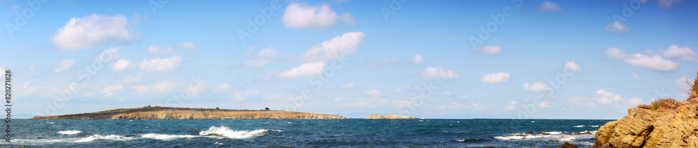 panorama of the black sea with st.ivan and st. peter islands. sunny afternoon weather in summer. sozopol, bulgaria, europe. leisure background panorama of the black sea with st.ivan and st. peter islands. sunny afternoon weather in summer. sozopol, bulgaria, europe. leisure background