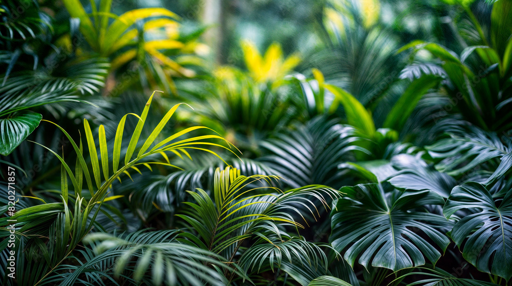Lush green tropical plants with vibrant foliage in an indoor botanical garden, showcasing the beauty and tranquility of nature, and emphasizing environmental conservation and biophilia