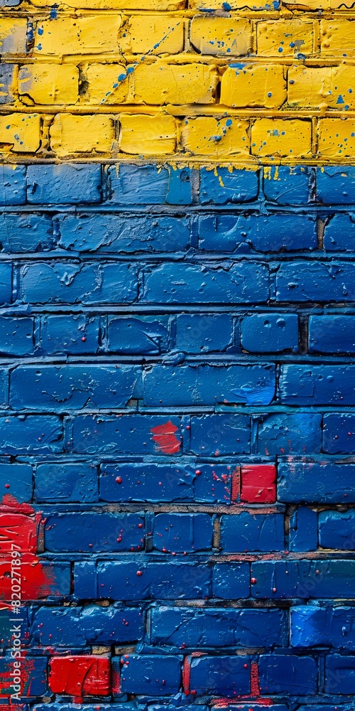 Fototapeta premium A brick wall with a blue and yellow paint.