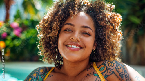 Joyful woman with curly hair and colorful tattoos smiles confidently in a sunny outdoor setting, embracing self-expression and body positivity photo