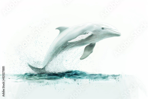 Generative AI watercolor illustration of a beluga whale jumping out of the water in the ocean o a white background.