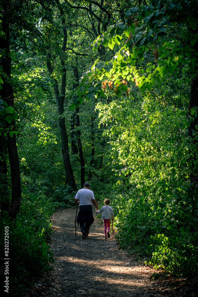 grandfather and his grandchild are hiking through the woods grandfather and his grandchild are hiking through the woods