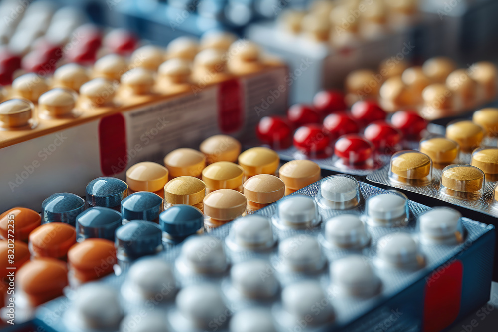 A box of over-the-counter pain relievers displayed on a uniform background, providing relief from minor aches and pains. Concept of analgesic medication and symptom management. Generative Ai. A box of over-the-counter pain relievers displayed on a uniform background, providing relief from minor aches and pains. Concept of analgesic medication and symptom management. Generative Ai.