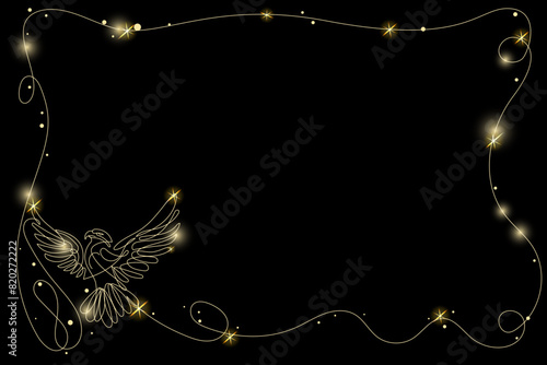 Line Art Eagle with Gold Glitter Stars. Luxury Rich Glamour Invitation Card. Easter Bird Isolated on Black. Shine Gold Light Texture Effect. Glowing Blink Star Holiday Gift.