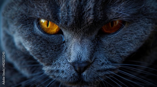 A close up of a cat with orange eyes.