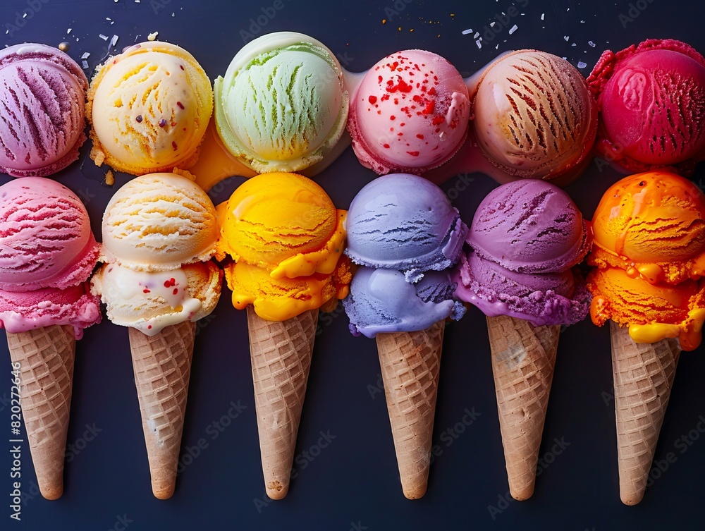 Ice cream cones with different colors of ice. Ice cream cones with different colors of ice.