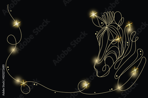 Line Art Zebra Animal with Gold Glitter Stars. Luxury Rich Glamour Invitation Card Template.  Zebra Head Isolated on Black. Shine Gold Light Texture Effect. Glowing Blink Star Symbol Christmas Card.
