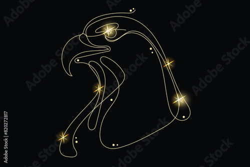 Line Art eagle Bird with Gold Glitter Stars. Luxury Rich Glamour Invitation Card Template. Wild mascot Isolated on Black. Shine Gold Light Texture Effect. Glowing Blink Star Symbol Element Gift.