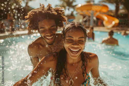 Laughing couple enjoying a fun moment in a water park pool.