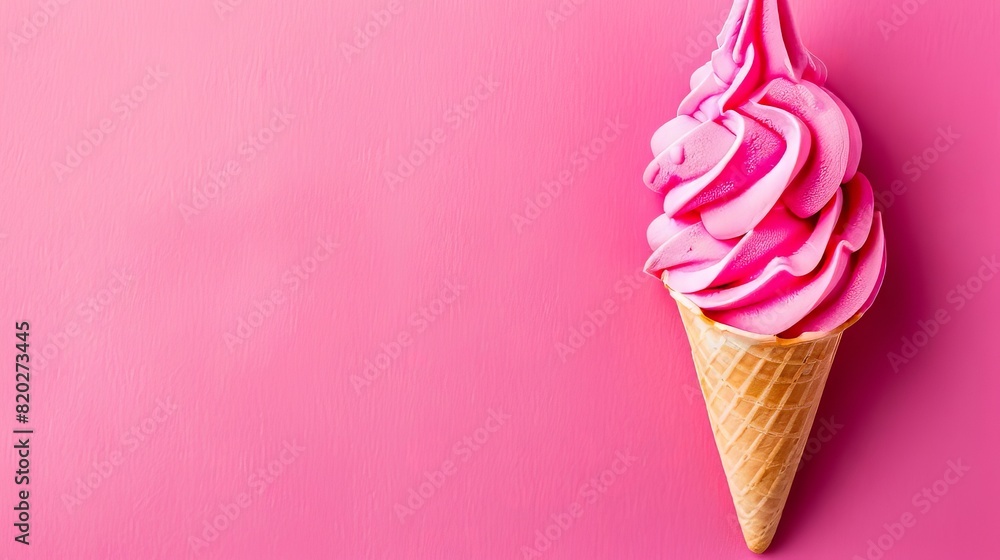 Ice cream cone with pink whipped cream on pink background.