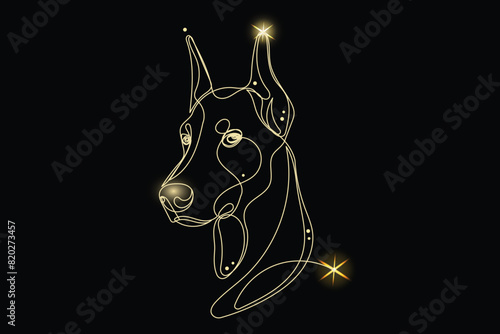 Line Art Doberman Animal with Gold Glitter Stars. Luxury Rich Glamour Invitation Card Template.  Dog Isolated on Black. Shine Gold Light Texture Effect. Glowing Blink Star Symbol Element Gift.