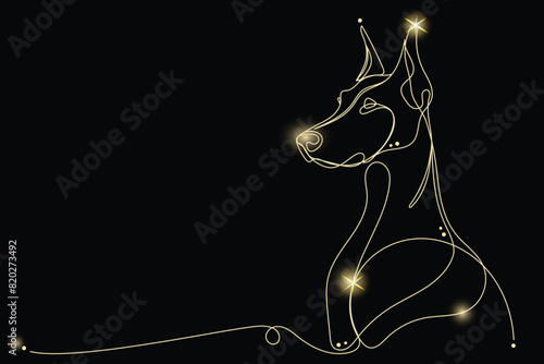 Line Art Doberman Animal with Gold Glitter Stars. Luxury Rich Glamour Invitation Card Template.  Dog Isolated on Black. Shine Gold Light Texture Effect. Glowing Blink Star Symbol Element Gift.