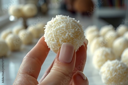 finger food delight, two fingers holding a coconut ball, about to savor the delicious and sugary snack photo