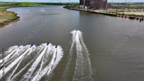 Aerial view of Jet Skiers racing down the Raritan River in Sayreville, New Jersey