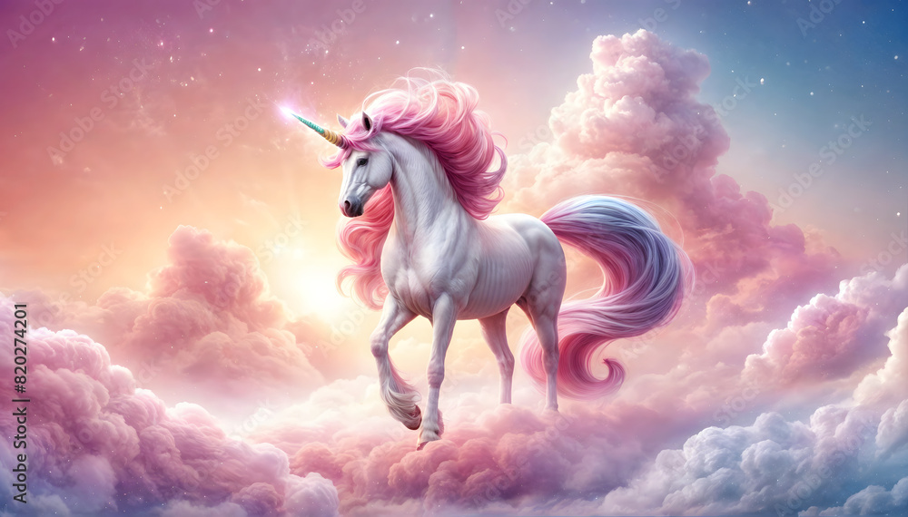 Fototapeta premium A magical fantasy unicorn with pink hair jumping through clouds. Mystical beautiful fairy wallpaper.