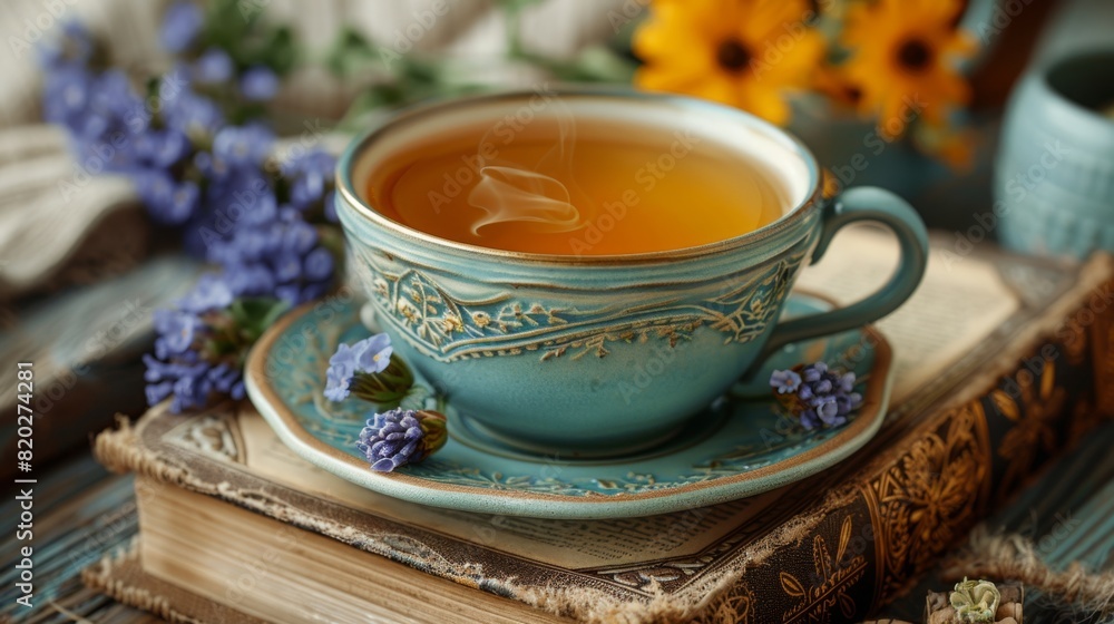 cosy reading nook, a warm herbal tea complements a classic book, enriching cozy reading experiences with delightful sensory pleasures cosy reading nook, a warm herbal tea complements a classic book, enriching cozy reading experiences with delightful sensory pleasures