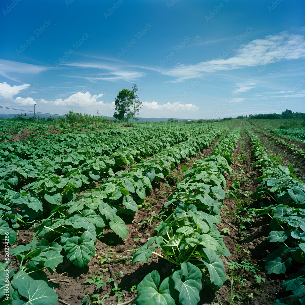 Thriving Yam Cultivation Field under a Clear Blue Sky: An Insight into Sustainable Agriculture