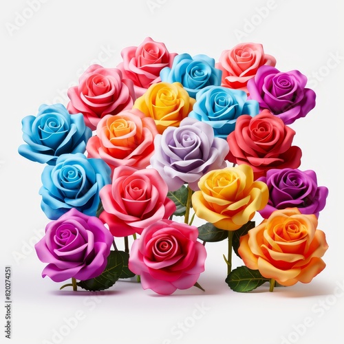 Row of multi-colored rose flowers on white background  high quality png cutout illustration