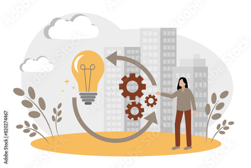 Application of a new idea in business. Implementation of business strategy. Light bulb and gears. New startup idea