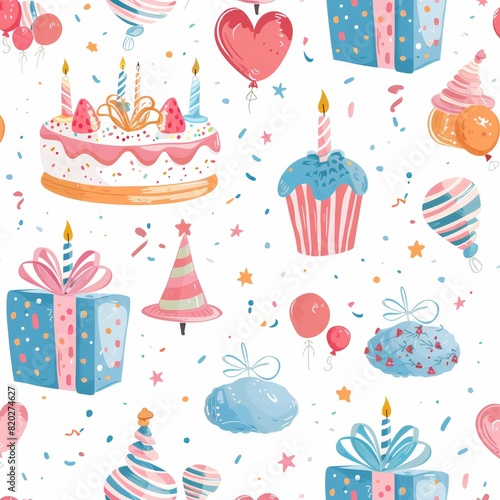 Pastel birthday holiday seamless pattern on white background  high quality illustration