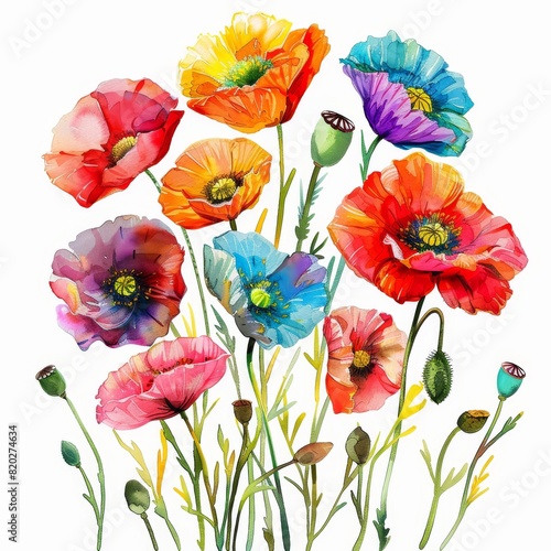 Vivid watercolor poppy flowers illustration for artistic designs and creative projects