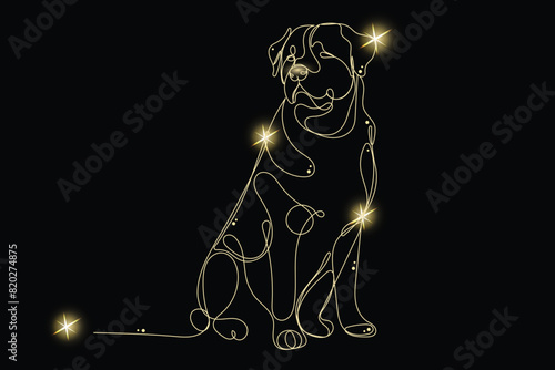 Line Art Rottweiler Animal with Gold Glitter Stars. Luxury Rich Glamour Invitation Card Template.  Dog Isolated on Black. Shine Gold Light Texture Effect. Glowing Blink Star Symbol Element Gift.