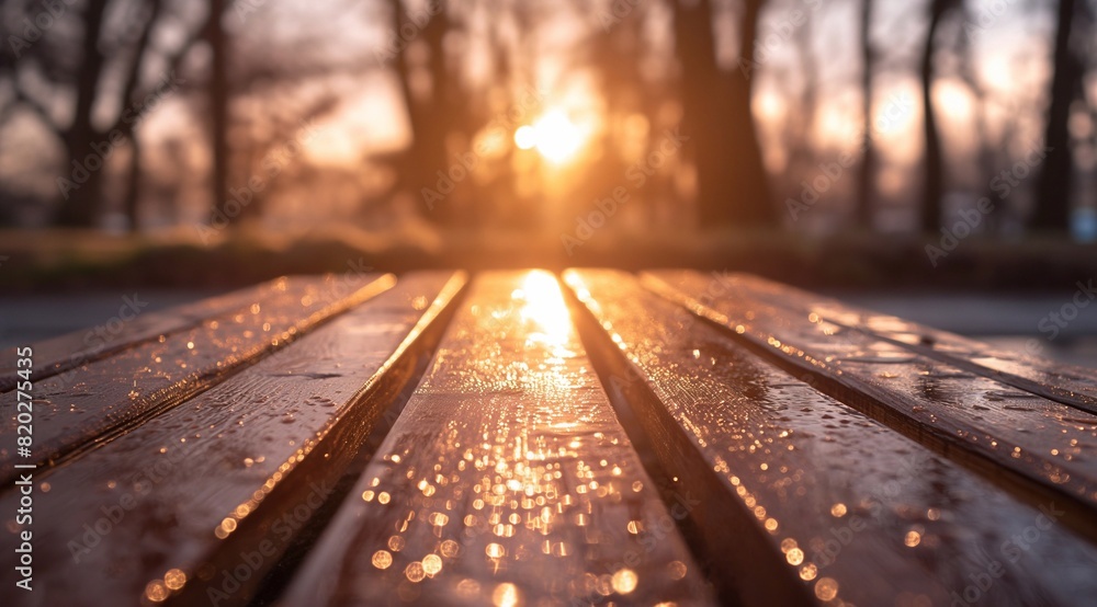 A wooden slats on an old park bench, with frost and morning dew visible in their textures. In the background is a blurred silhouette of trees at sunrise. generative AI A wooden slats on an old park bench, with frost and morning dew visible in their textures. In the background is a blurred silhouette of trees at sunrise. generative AI