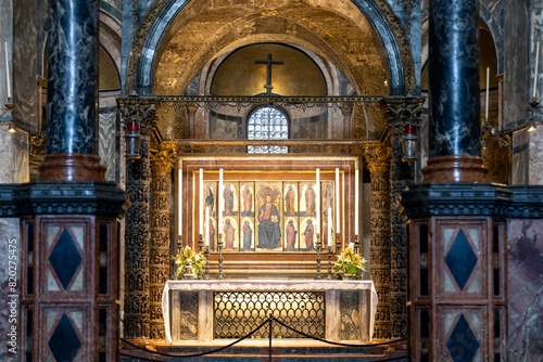 High altar with Saint Mark's tomb and relics inside St Mark's Basilica in Venice, Italy
