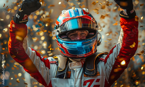 Racing driver celebrates on the podium with his arms raised in victory. photo