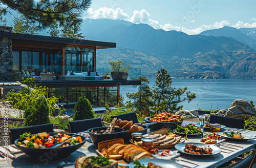 Buffet table with view of the lake and mountains