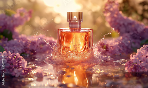 Elegant Perfume Bottle Amidst Lilac Flowers.