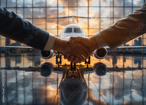 Two people shaking hands in front of plane