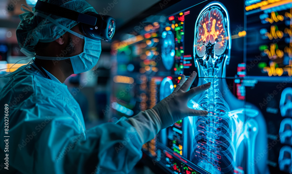 Obraz premium Surgeon is looking at screen while wearing virtual reality headset.