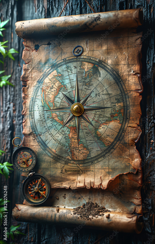 Obraz premium Old map and compass on wooden table