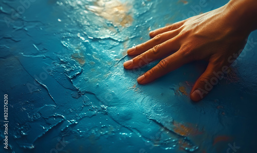 Mans Hand Touching Blue Wall.