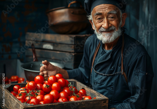 Senior man with white beard prepares tomatoes for canning.