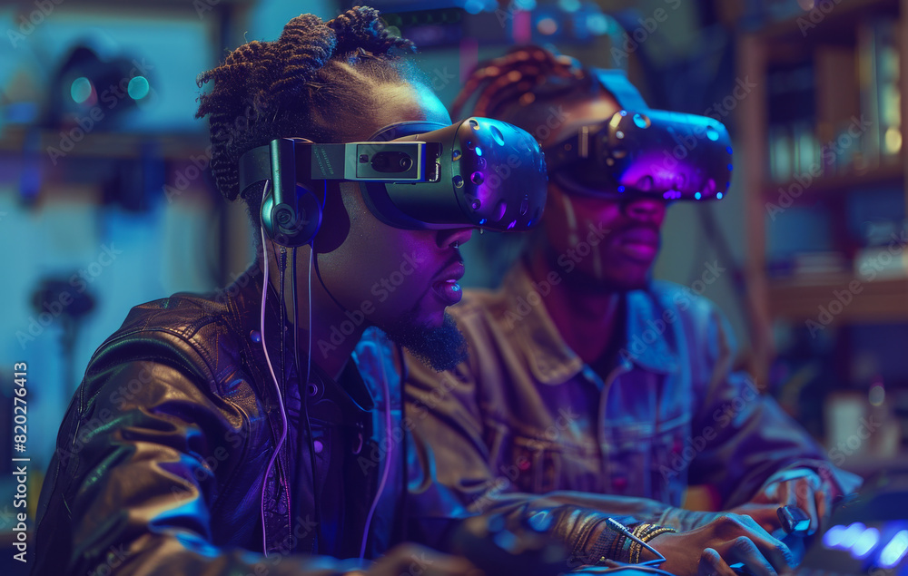 Two guys are playing video game using virtual reality glasses in the dark room of the playing club Two guys are playing video game using virtual reality glasses in the dark room of the playing club