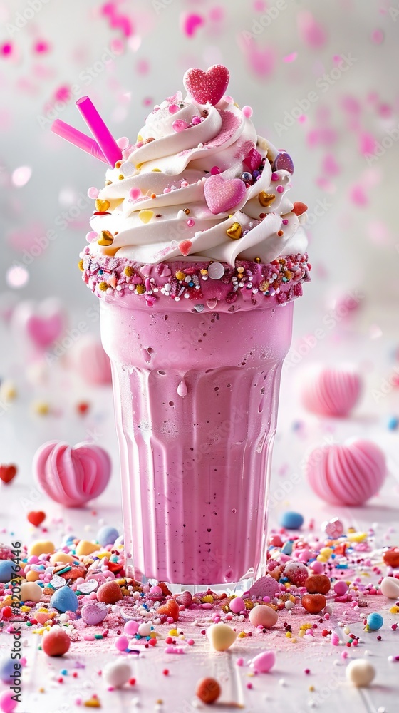 A pink milkshake with sprinkles and confetti. A pink milkshake with sprinkles and confetti.