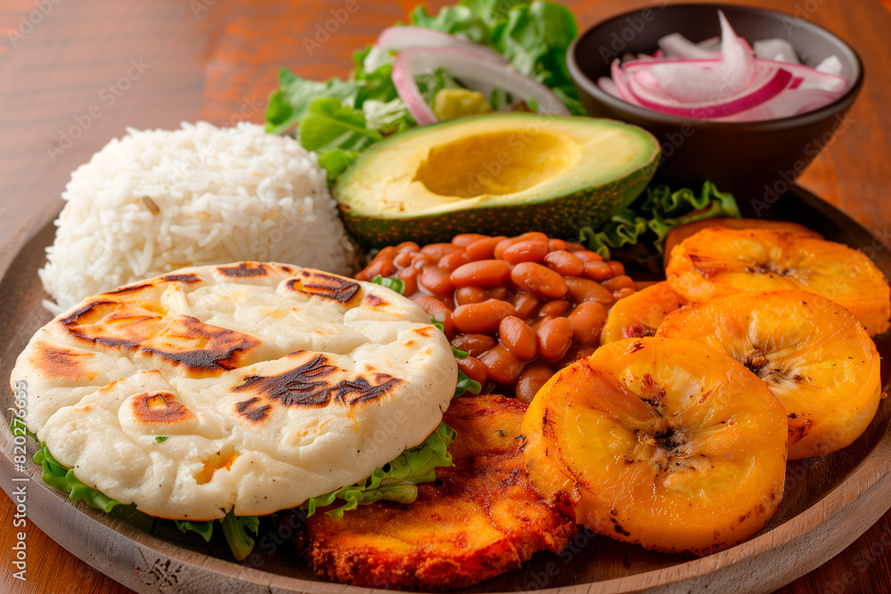 Traditional Latin American Platter with Arepa, Plantains, Beans, and Rice Traditional Latin American Platter with Arepa, Plantains, Beans, and Rice