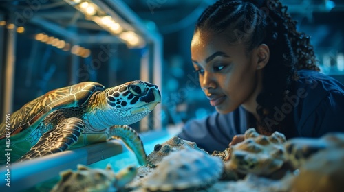 marine biology research, an african american female marine biologist studying a rescued sea turtle in a research center, surrounded by tanks and marine gear under bright overhead lights photo