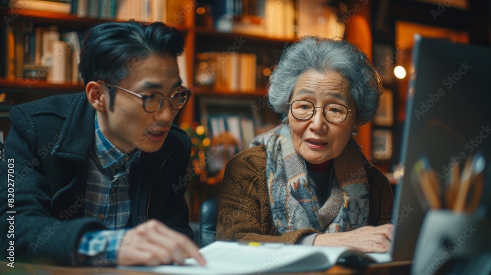 an aged chinese female entrepreneur conversing with a youthful hispanic male financial consultant in a modern office, emphasizing wealth management and investment tactics an aged chinese female entrepreneur conversing with a youthful hispanic male financial consultant in a modern office, emphasizing wealth management and investment tactics