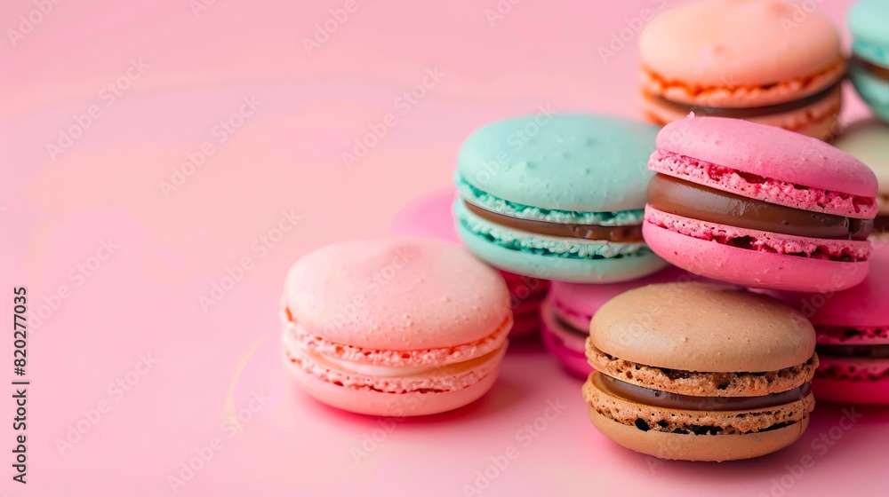 A pile of colorful macarons on a pink background. A pile of colorful macarons on a pink background.