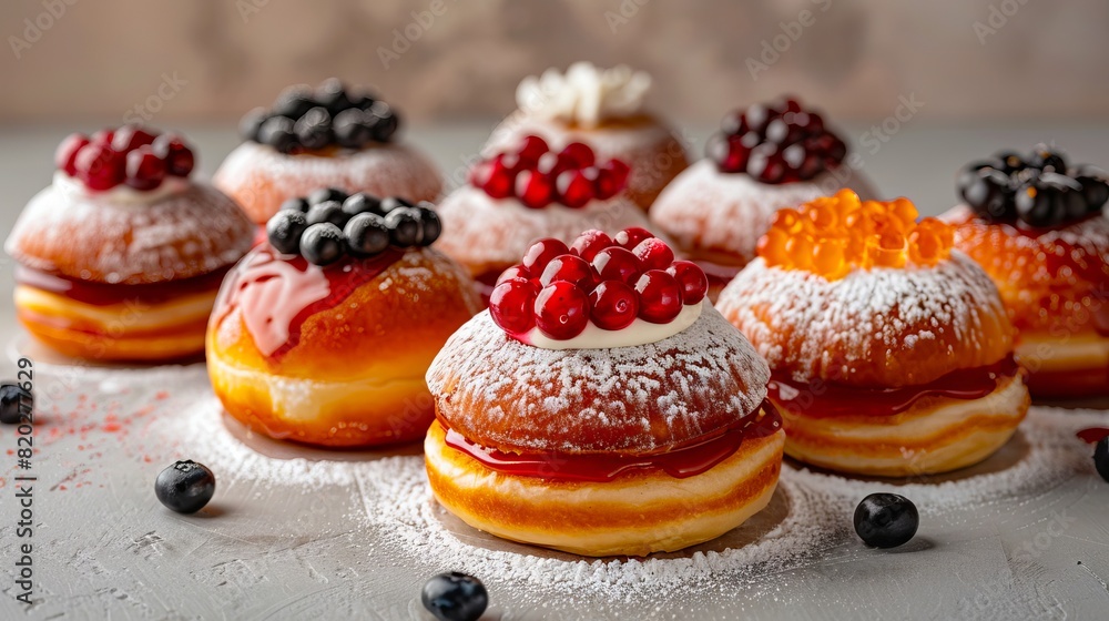 A group of donuts with berries and powdered sugar. A group of donuts with berries and powdered sugar.