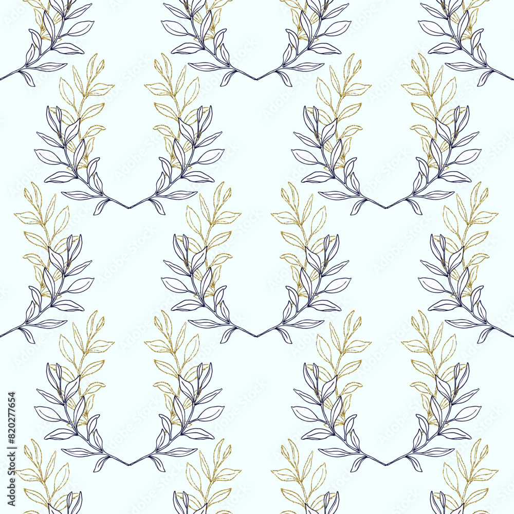 Obraz premium A blue and gold leaf pattern is shown on a light blue background.The leaves are drawn in a stylized way, with some overlapping and others standing alone. The overall effect is one of elegance.
