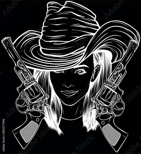 vector Cowgirl in black and white outline