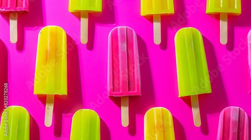 A group of colorful popsicles on a pink background.