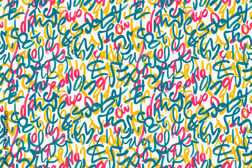 A colorful, abstract painting with a lot of writing in different colors. The writing is in different sizes and shapes, and it is a mix of letters and numbers. The painting has a playful