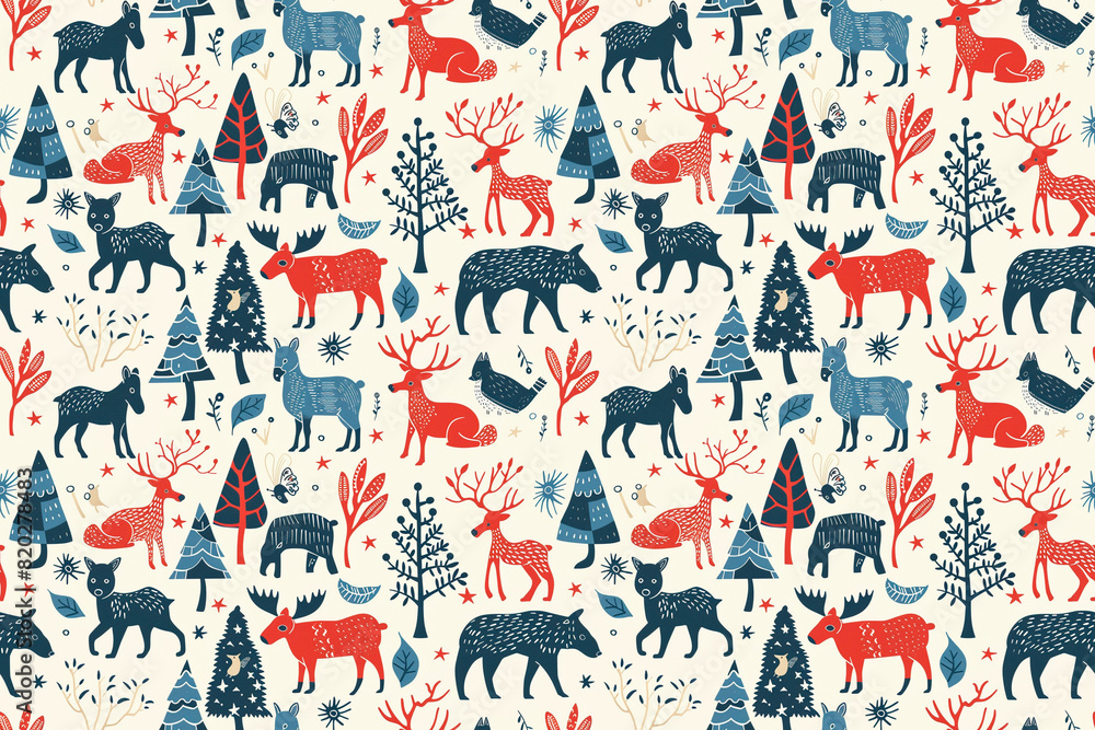Forest animal pattern with bears, deer, foxes, and trees, seamless design for rustic decoration and woodland tile ornaments Forest animal pattern with bears, deer, foxes, and trees, seamless design for rustic decoration and woodland tile ornaments