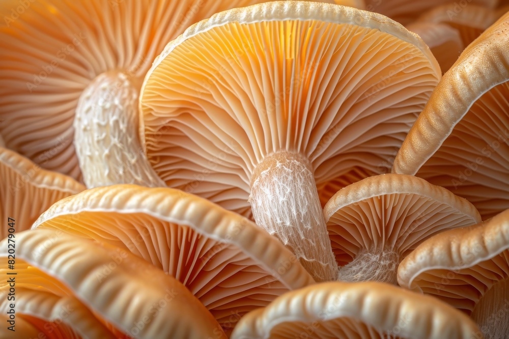 Macro view of the abstract texture of mushroom gills under the cap.
Macro view of the abstract texture of mushroom gills under the cap.