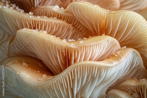 Macro view of the abstract texture of mushroom gills under the cap.






